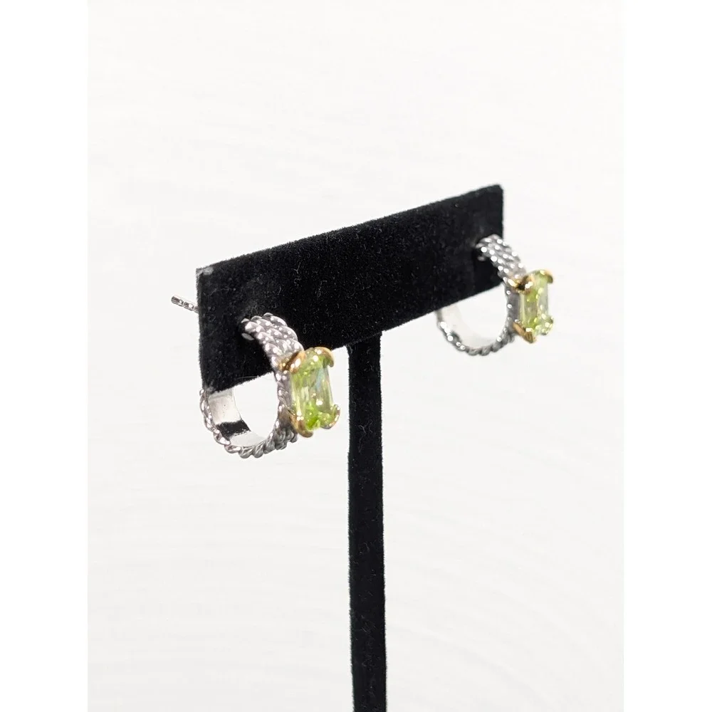 Silver‎ Tone Cable Huggie Hoop Earrings Green CZ Accent Pierced Designer Style